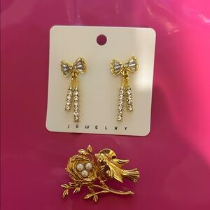 Gold Bow Drop Earrings and Gold Bird Nest Brooch with Pearls